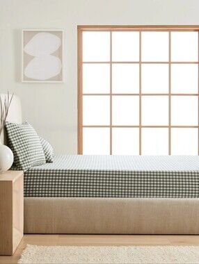 Quince Green, Full, Organic Cotton Percale Gingham Fitted Sheet + 2 Pillow Cases